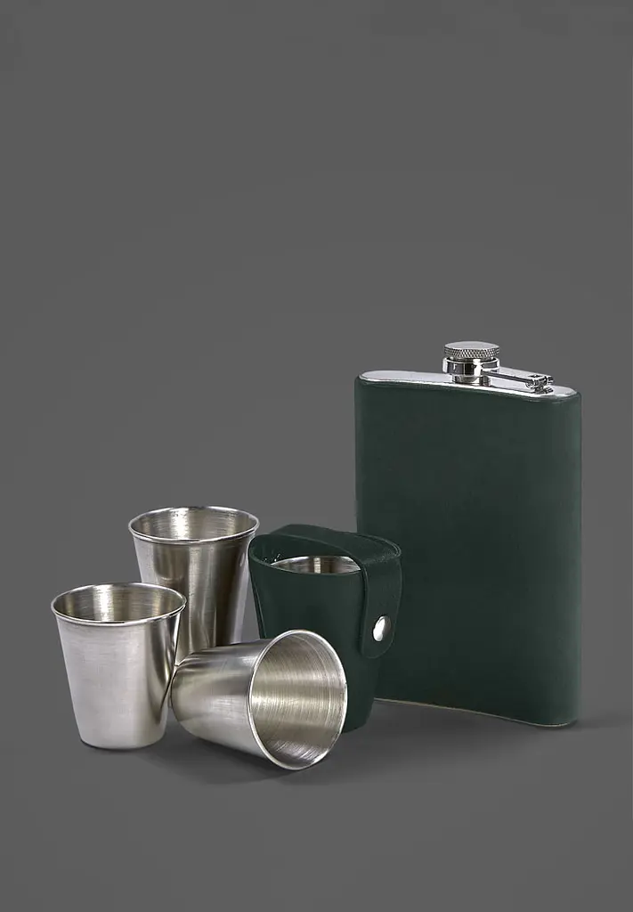 Набір з флягою та чарками в шкіряному чохлі зелений Crazy Horse - фото 3