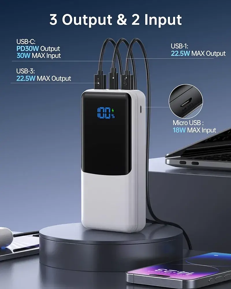 Павербанк Coblob 27000mAh, швидка зарядка PD3.0/QC4.0, 3 виходи, 2 входи, LED дисплей, білий - фото 4