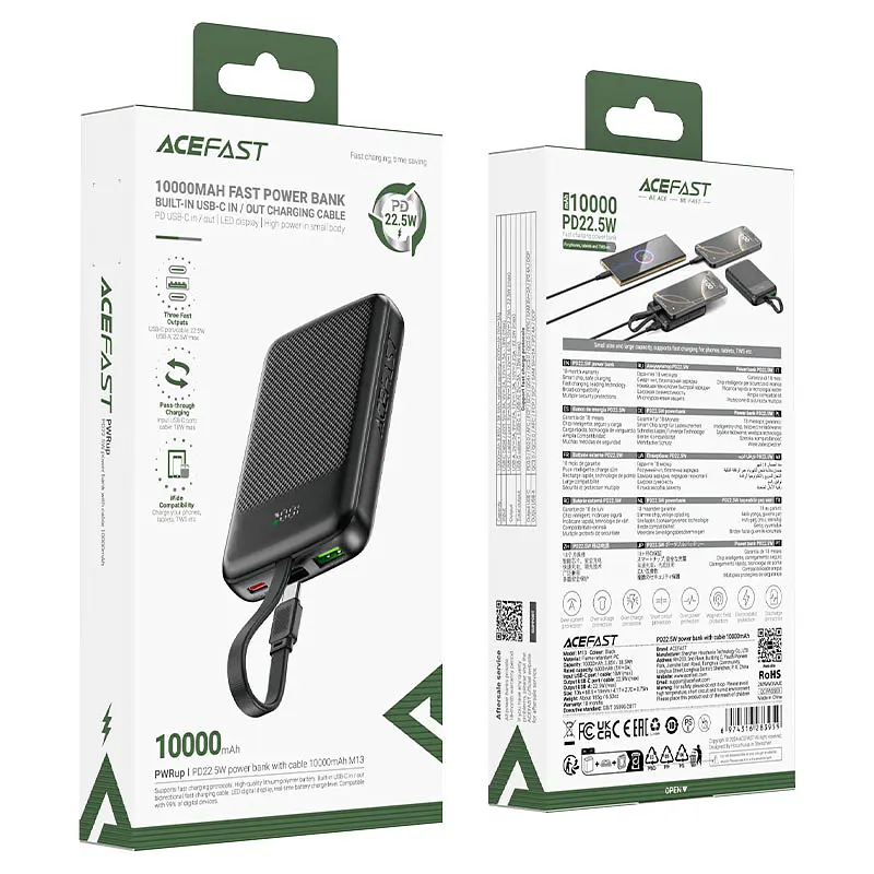 Зовнішній акумулятор ACEFAST M13 PD22.5W power bank with cable 10000mAh Black (6974316283959) - фото 2