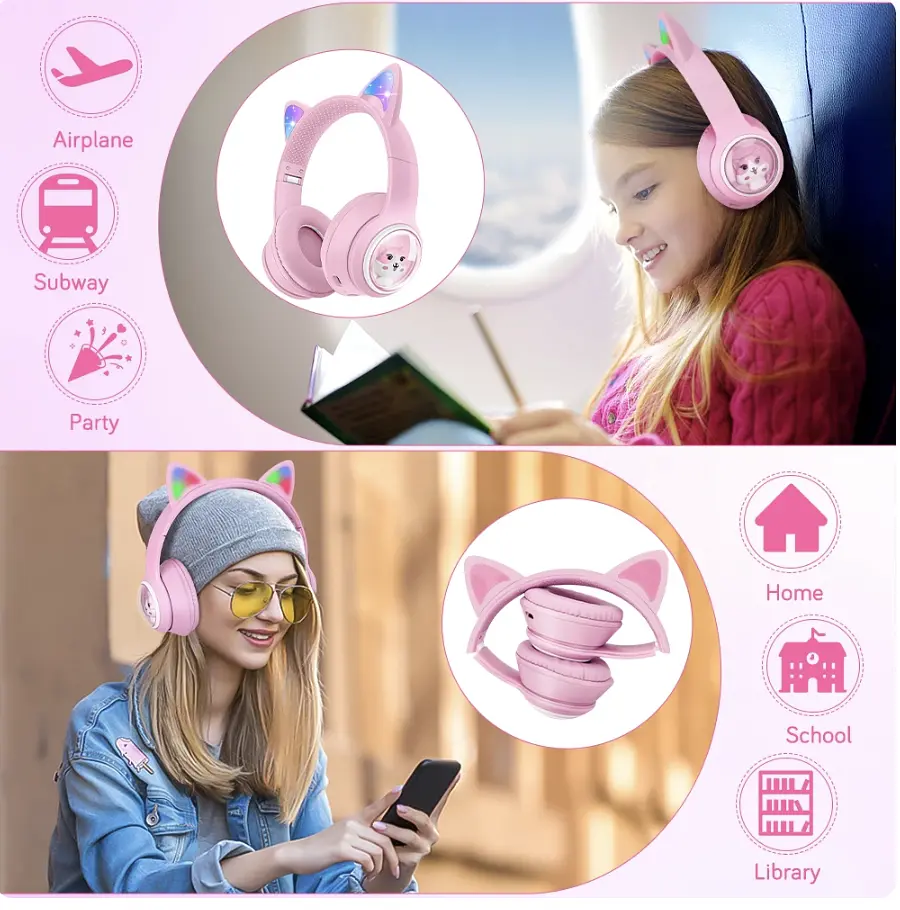 Детские беспроводные Bluetooth наушники AZK-01 c RGB подсветкой и встроенным микрофоном Розовый - фото 4
