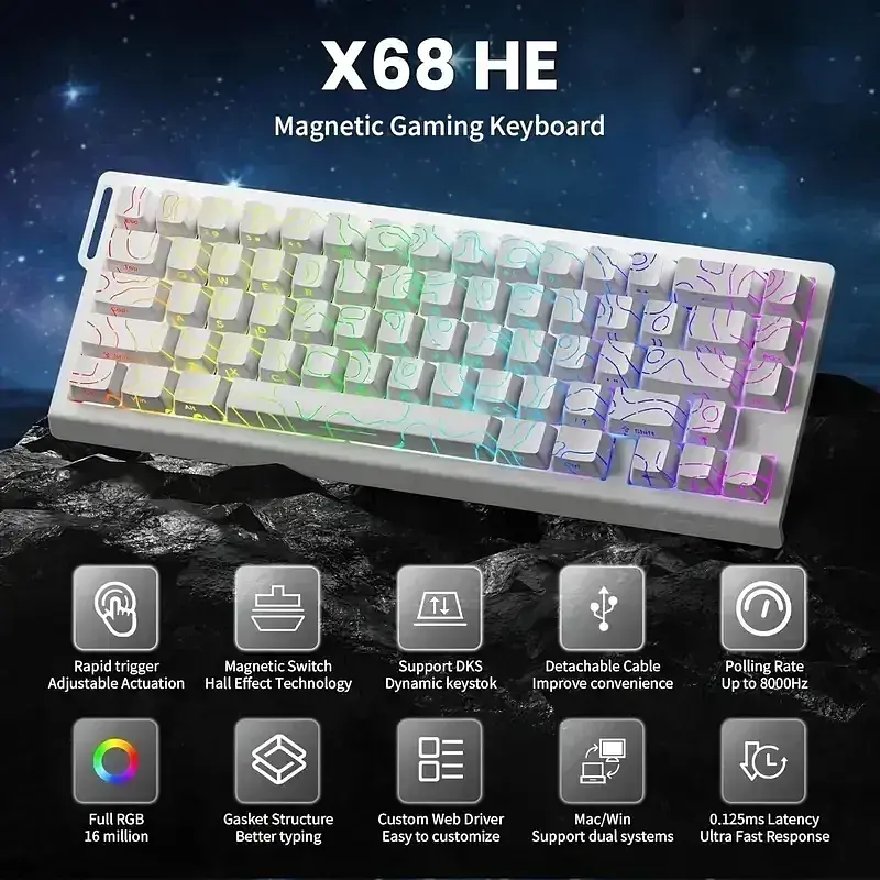 Ігрова магнітна клавіатура ATTACK SHARK X68 HE,RGB,Rapid Trigger, Білий - фото 3