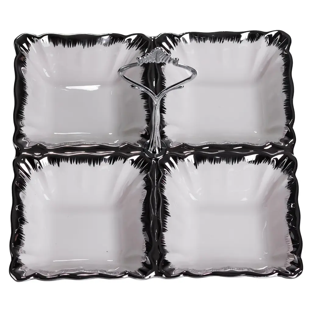 Менажница фарфоровая на 4 секции для закусок тарелка 18×18×3 (см) с ручкой Белый с серебром Yiwu LC-BYL-100-S - фото 3