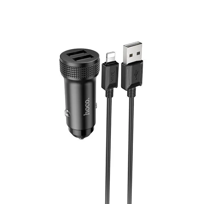 Адаптер автомобільний HOCO Lightning Cable Level dual port car charger Z49 комплект чорний - фото 4