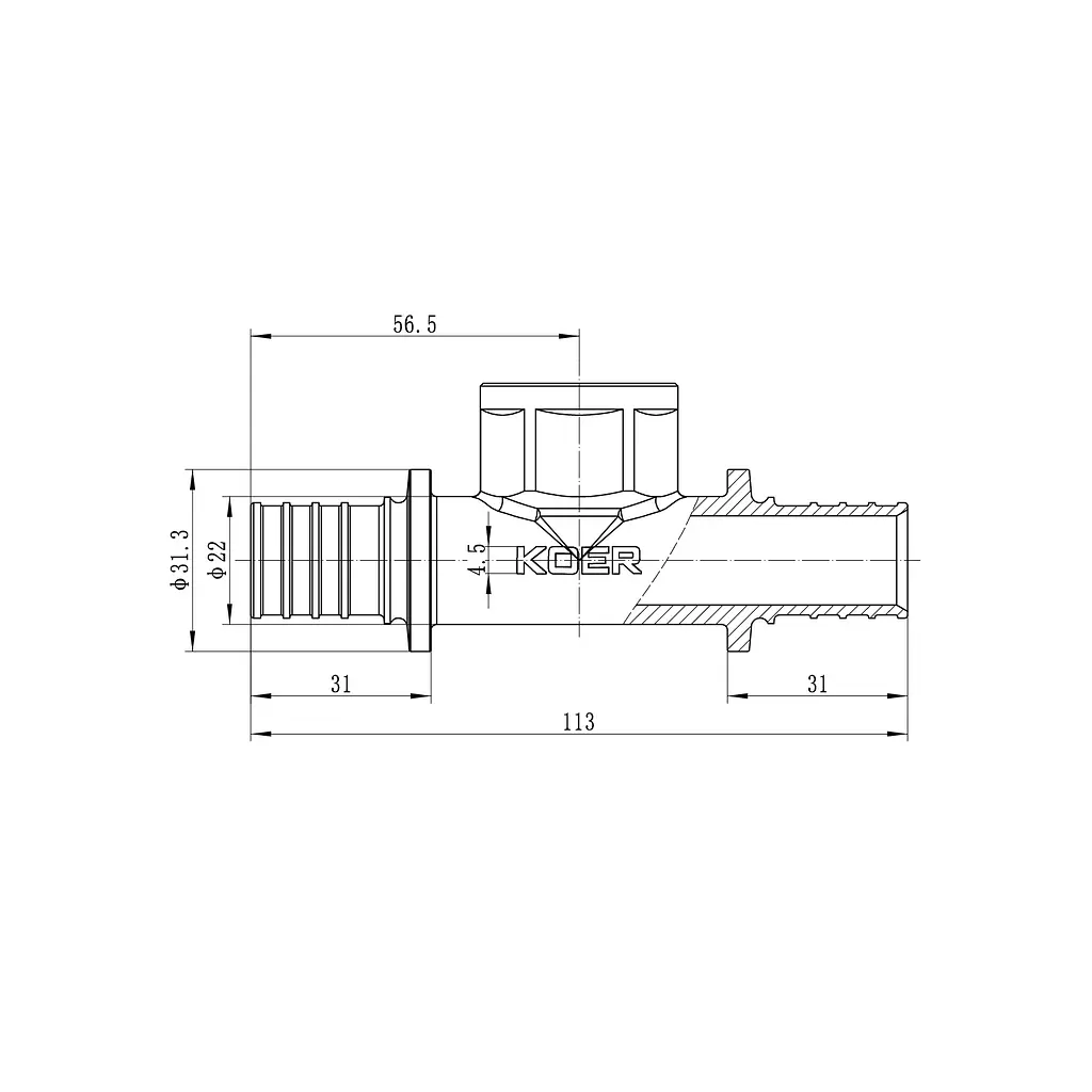 Трійник перехідний з ВР Koer Ka.T25-08F-25 - 25(3.5mm) x 3/4"F x 25(3.5mm) KR4896 - фото 4