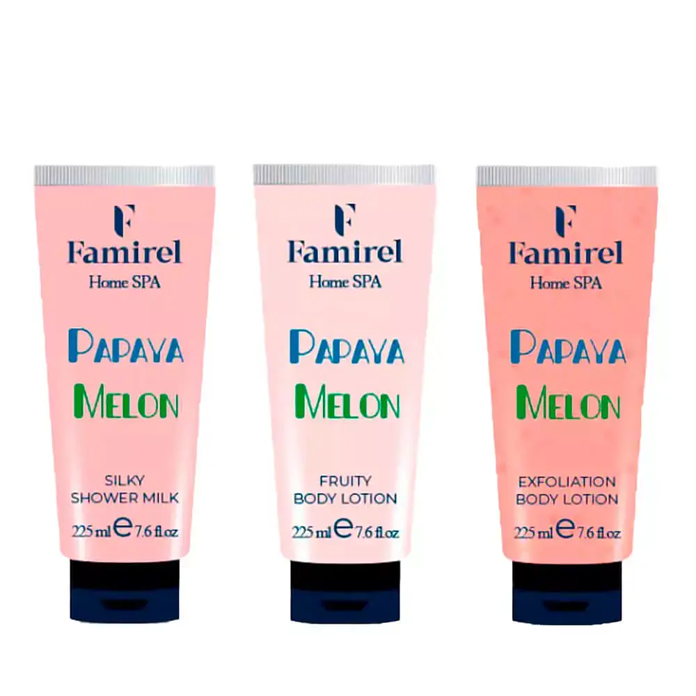 Набір для душу Famirel Home Spa “Melon & Papaya” — оновлення та шовковиста гладкість шкіри (085977, 086233, 086028)