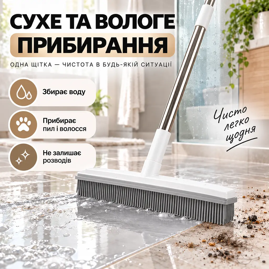 Універсальна гумова щітка-швабра 4 в 1 для підлоги, килимів, шерсті та вікон, ручка з нержавіючої сталі KT9005101 - фото 4