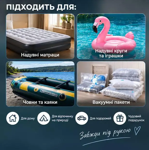 Насос-компресор електричний для надування - компактний повітряний насос USB з 4 насадками для матраців куль та надувних виробів - фото 4