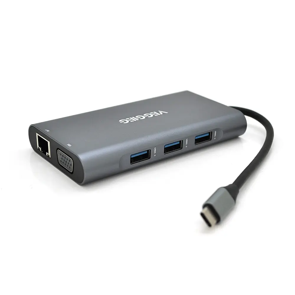 Хаб-конвертер Veggieg TC10-U Type-C (папа) на Type-C (мама) + USB3.0 * 3 (мама) + HDMI (мама) + VGA (мама) + SD / TF + RJ45, 10 см, Silver, Box - фото 2