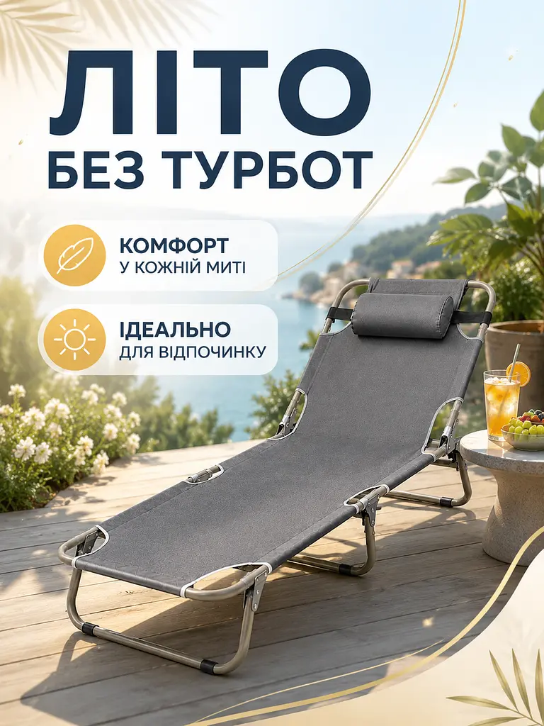 Шезлонг розкладний сірий 176×56×28 см з підголівником для саду, пляжу та кемпінгу (49676043) - фото 9
