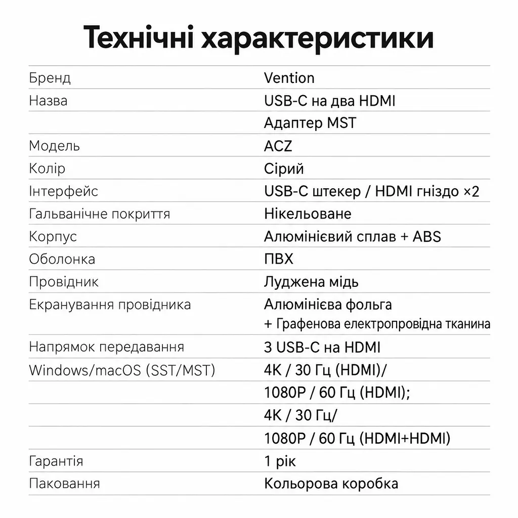 MST-відеоадаптер для двох дисплеїв Vention USB-C штекер на два HDMI-гнізда Одночасний вивід 4K 30 Гц на HDMI 1 та 1080p 60 Гц на HDMI 2 Порт USB-C пристрою має підтримувати DP Alt Mode Для першого використання потрібне налаштування UDisplay Режими дублювання та розширення екрана Сумісність із Windows та macOS З вбудованим кабелем 0,15 м Сірий (ACZHB) - фото 4