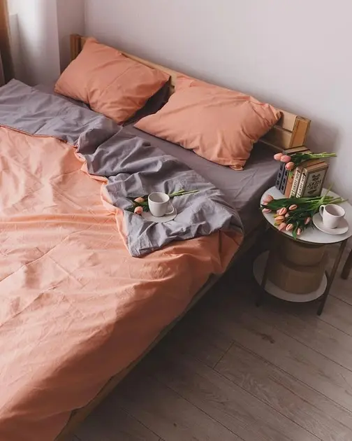 Постільна білизна двоспальна Dushka Home Варена бавовна 20509 180х215 см персикова з сірим - фото 5