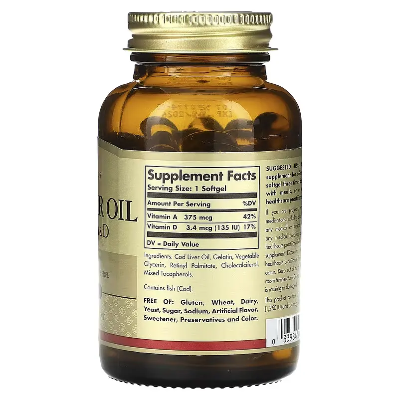 Жир Печінки Тріски (Вітаміни А та D) COD Liver Oil - 100 софтгель Solgar - фото 2