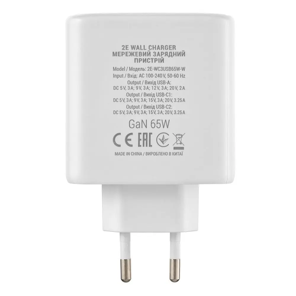 Мережевий зарядний пристрій 2E USB-C Wall Charger GaN 65W White (2E-WC3USB65W-W) - фото 5