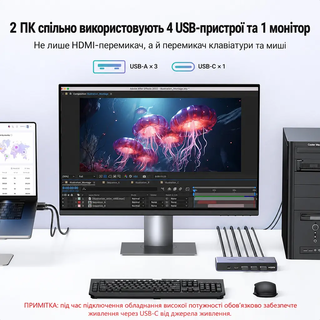 HDMI KVM-перемикач UGREEN CM692 2 ПК 1 монітор 4 USB-пристрої входи HDMI для відео й USB-C (25961) - фото 7