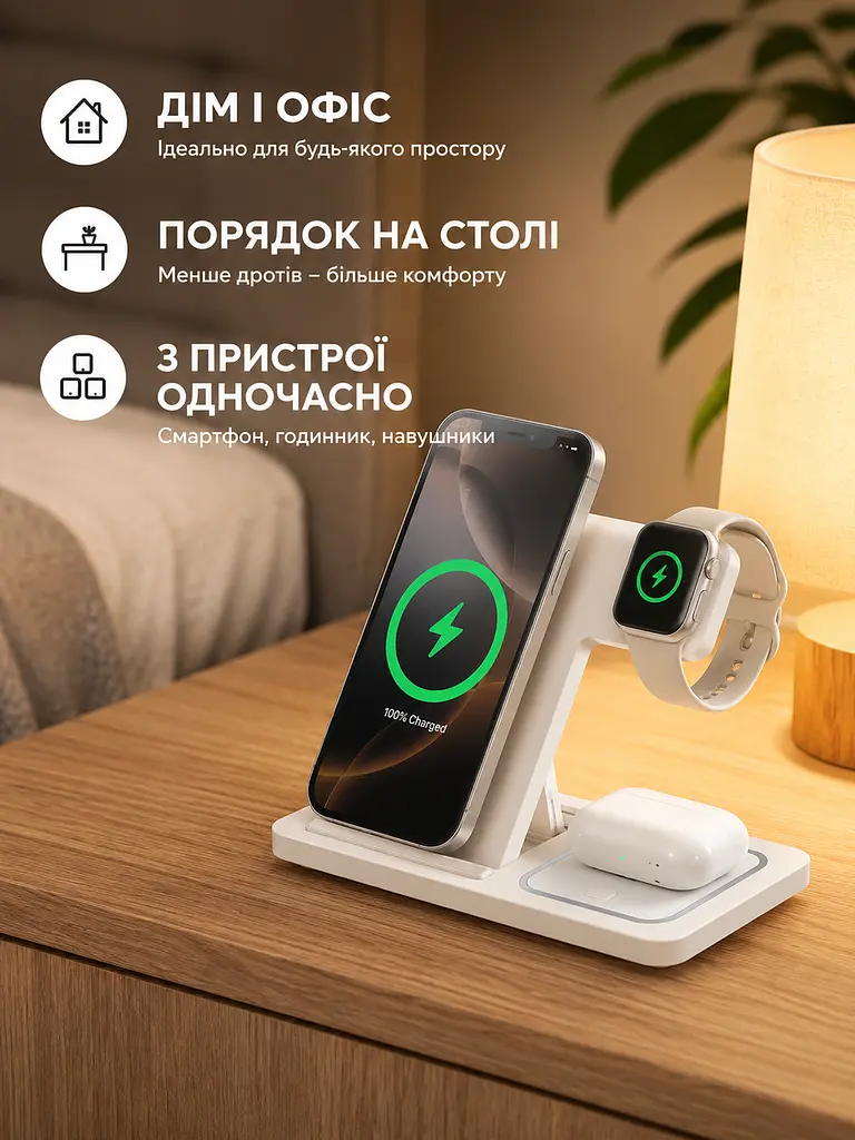 Беспроводная зарядная станция 3 в 1 15 W для iPhone, Apple Watch и AirPods белая (49676321) - фото 8