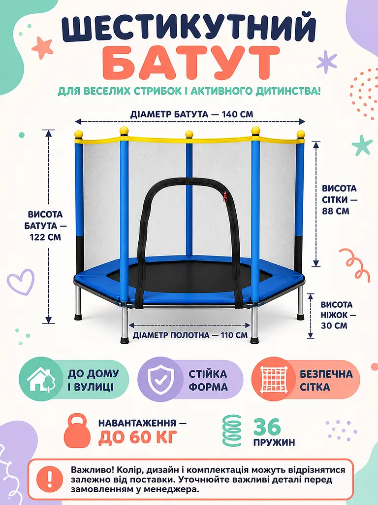 Дитячий каркасний батут із захисною сіткою синій шестикутний до 60 кг (49676210) - фото 3