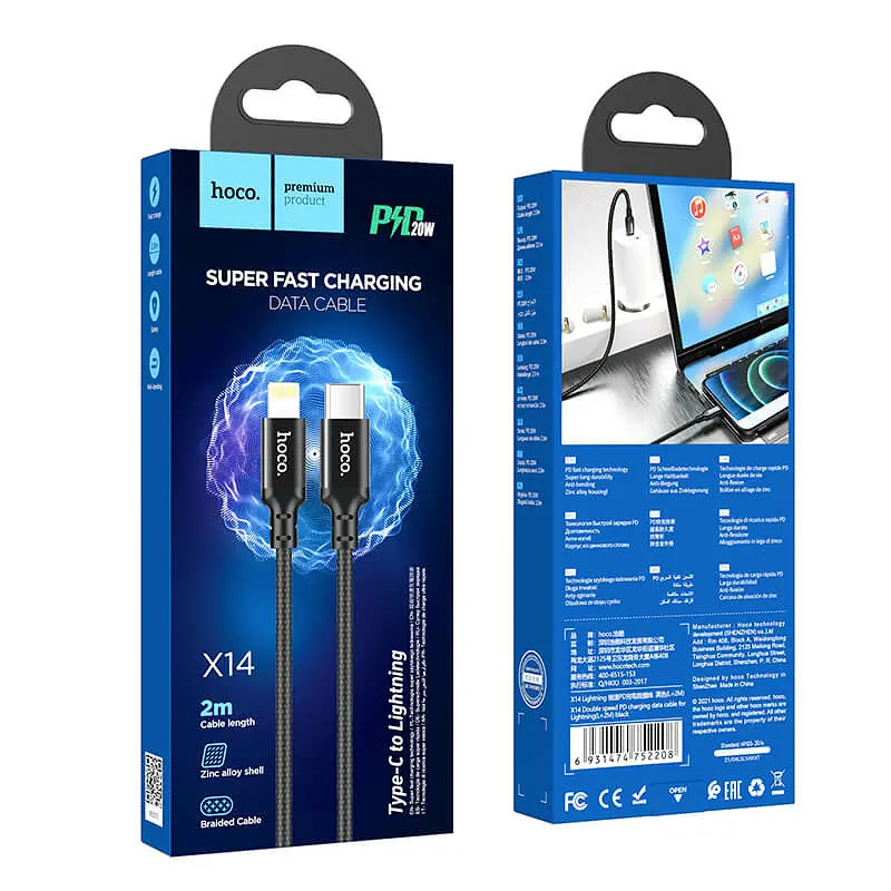 Кабель Hoco X14 Double speed PD charging data cable Lightning ( L-2M ) Black - фото 3