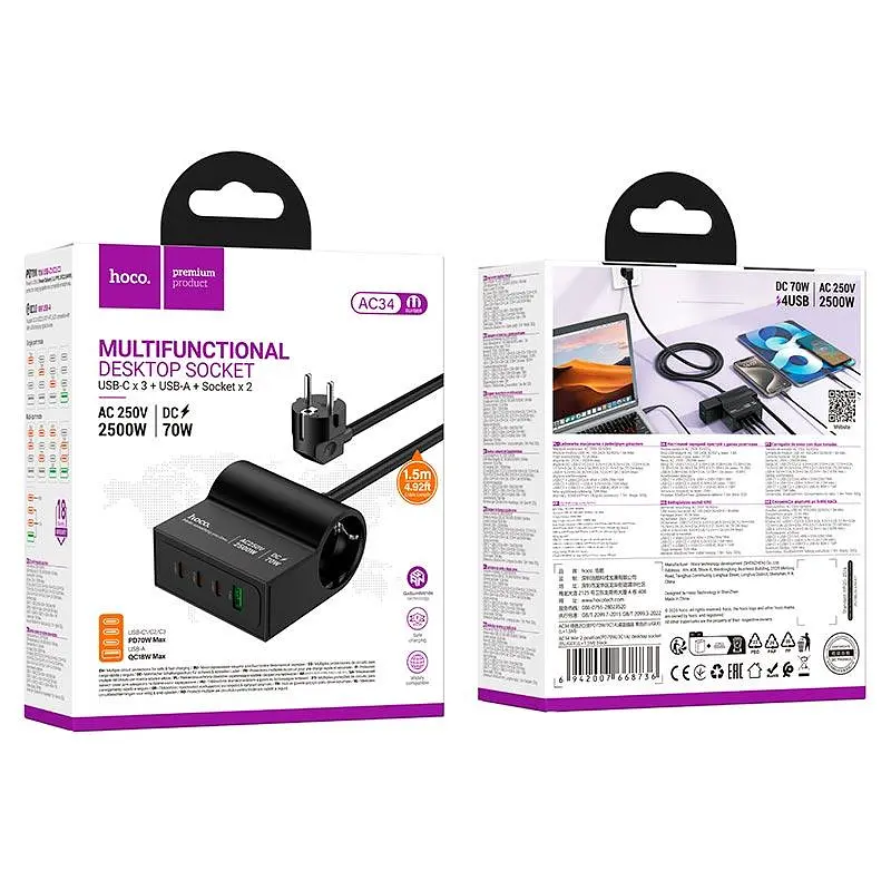 Зарядне - адаптер - подовжувач мережевий HOCO AC34 Win 2 position (PD70W 3C + 1A) desktop socket кабель 150 см чорний - фото 2
