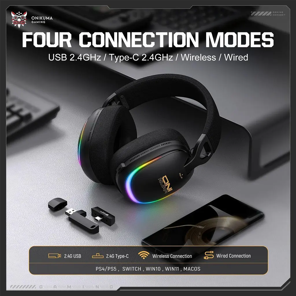 Навушники Onikuma ігрові блютуз GT-805 Max з мікрофоном RGB підсвітка Bluetooth 5.4 + 2.4GHz AUX до 60 годин роботи для ПК - фото 3