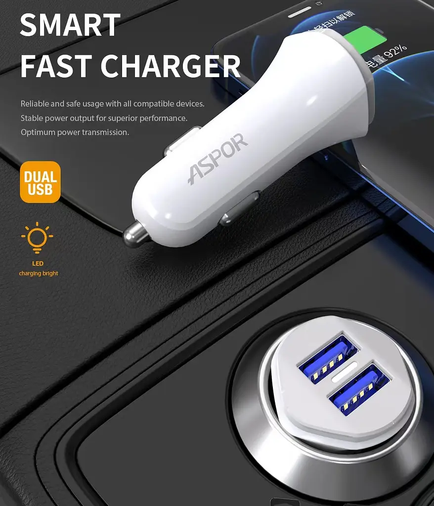 Автомобільний зарядний пристрій Aspor A903 (2USB/3.4A)- білий - фото 3