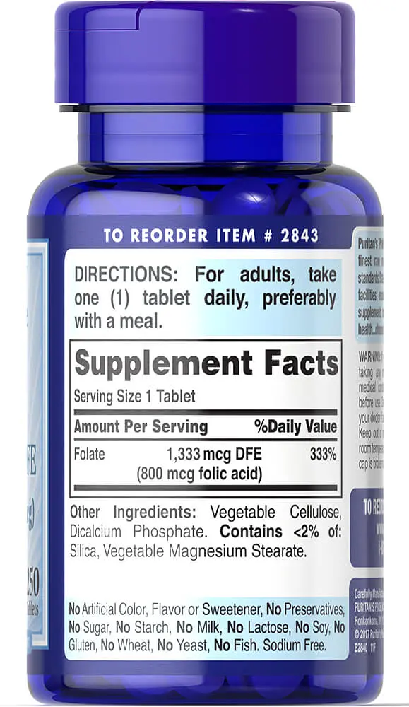 Фолієва кислота Puritan's Pride Folate 1333 mcg DFE (Folic Acid 800 mcg) 250 таблеток - фото 2