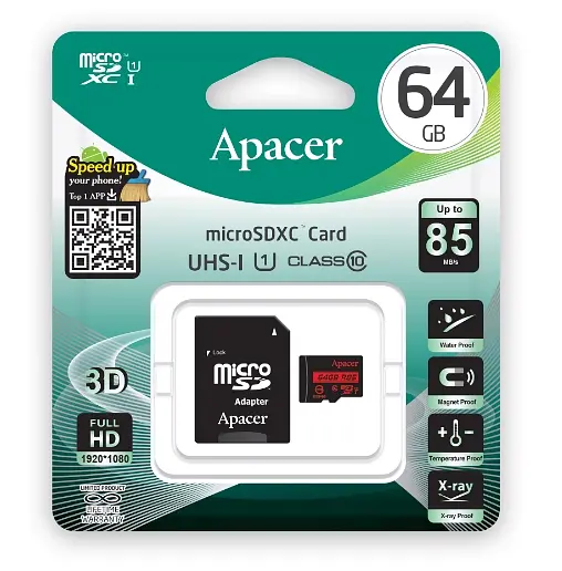 Карта памяти Apacer microSDXC 64 GB Class 10 UHS-I R85 + SD adapter [AP64GMCSX10U5-R] [68138] - фото 3
