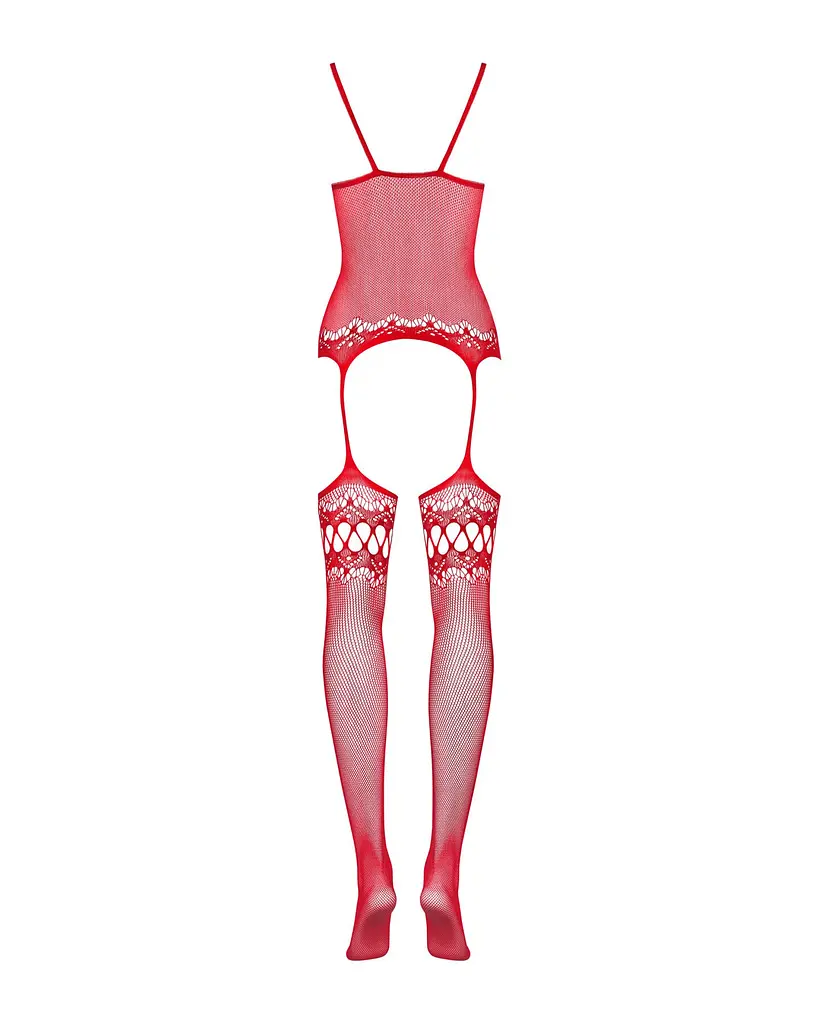 Бодістокінг Obsessive Bodystocking F214 red S/M/L, імітація корсета та панчіх на підв’язках - фото 6