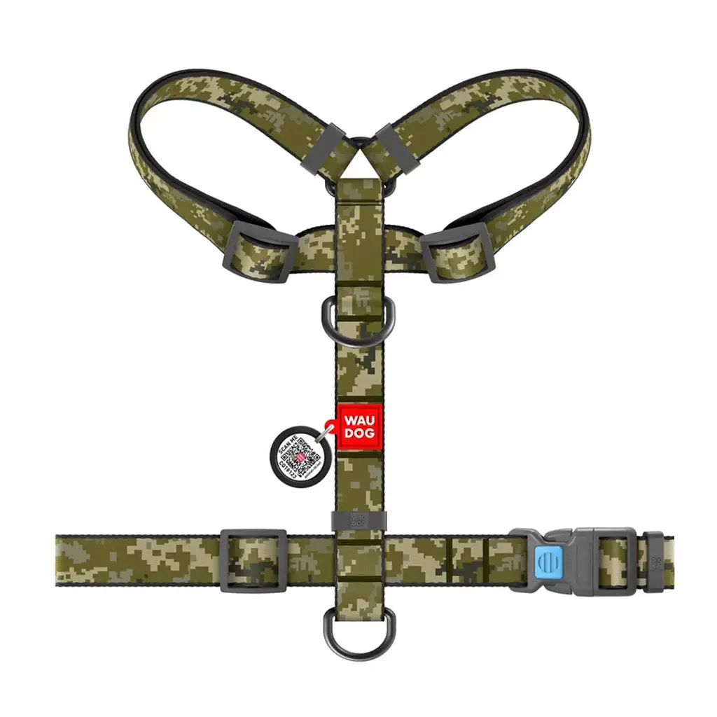 Шлея для собак Waudog Nylon, анатомічна, H-подібна, з QR паспортом, М, 40-70х50-80х2 см, Мілітарі - фото 2