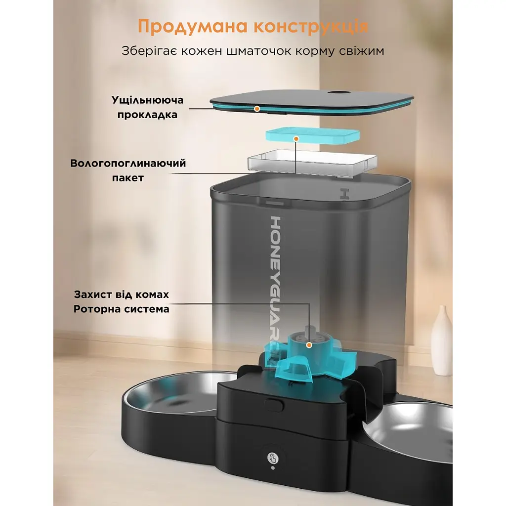 Автоматична годівниця для котів HoneyGuardіan S303D 3,5 л Wi-Fi з двома мисками, чорний - фото 3