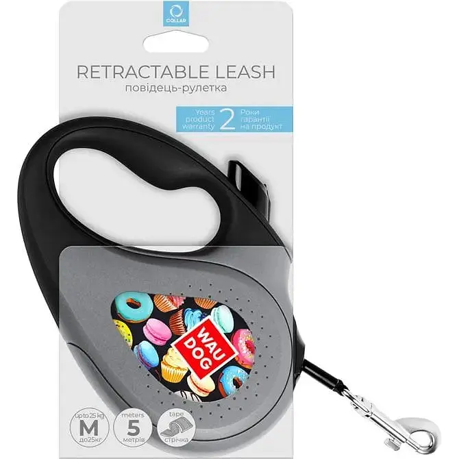 Повідець-рулетка для собак Waudog R-leash Пончики, світловідбиваючий, M, до 25 кг, 5 м, чорний - фото 3