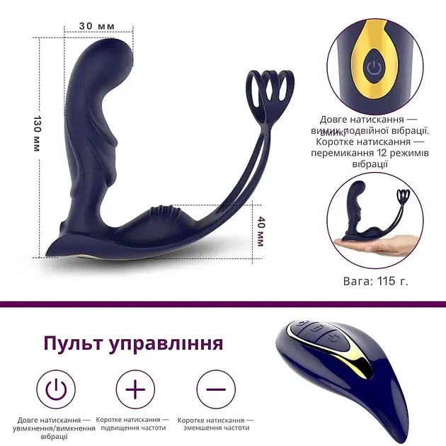 Масажер простати I’MCUM DeepControl з ерекційним кільцем, подвійною вібрацією та пультом керування Темно-синій (IM-KGS210) - фото 2