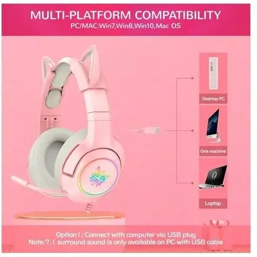 Наушники с ушками Onikuma Gaming Cat Ear K9 7.1 розовые с подсветкой - фото 2