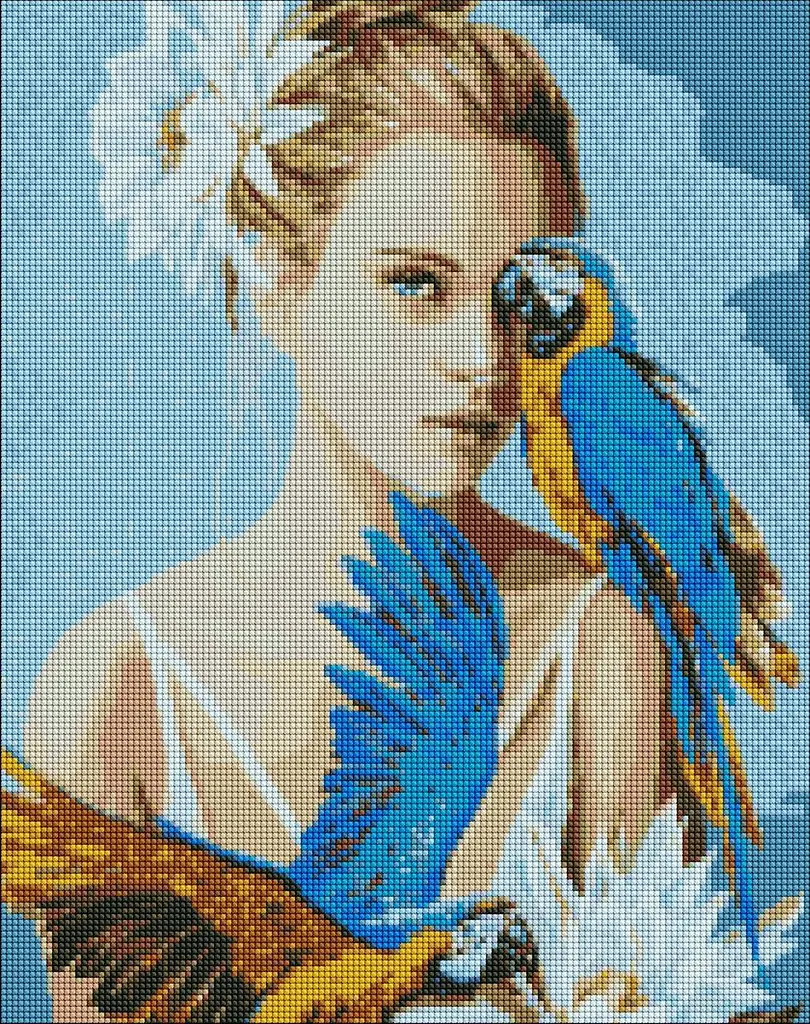Набір алмазної мозаїки "Дівчина з блакитними папугами ©Ira Volkova" 40*50 см AMO 7208