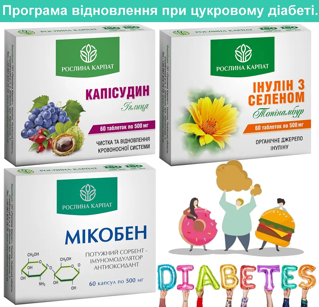 Програма при цукровому діабеті, Інулін з селеном, Капісудин, Мікобен, 180 шт, Рослина Карпат - фото 2