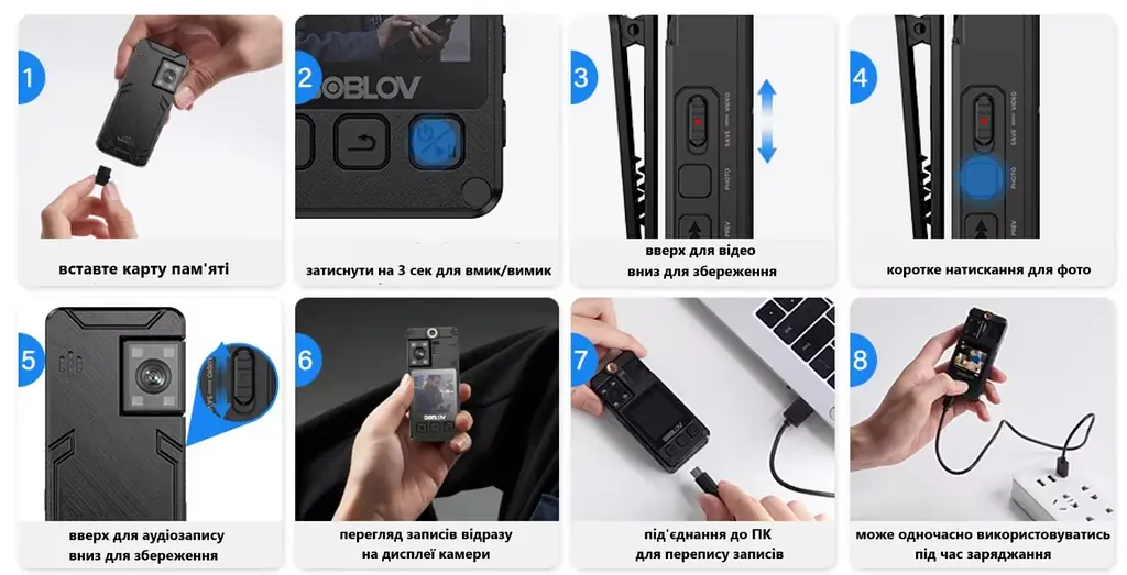 Нагрудна боді-камера Boblov A24 з дисплеєм 1.54 дюйма нічний запис датчик руху акумулятор 2000 мА·год - фото 3