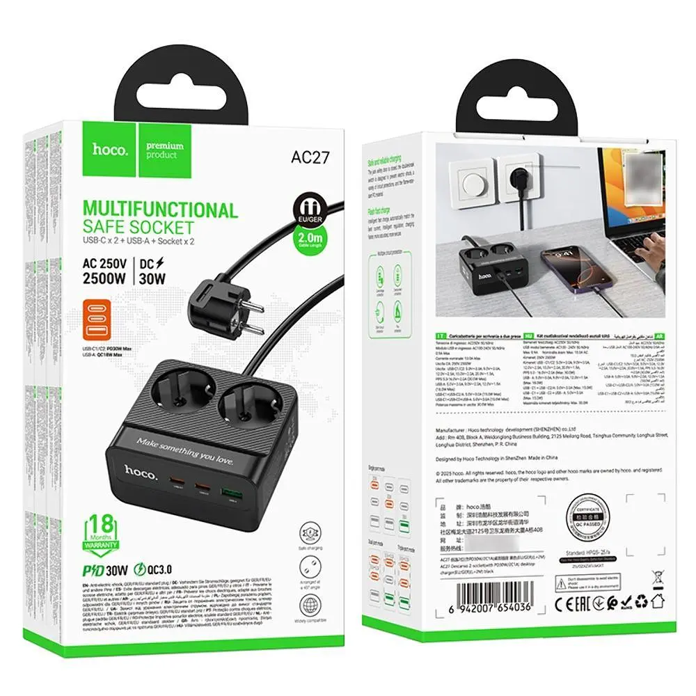 Мережевий зарядний пристрій подовжувач Hoco AC27 USB/2 Type-C PD 30W 2 розетки 2m чорний - фото 5