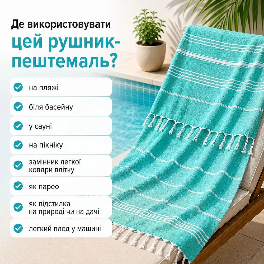 Рушник пештемаль Turkey Towel 100х180 см легкий великий для пляжу басейну бані сауни підстилка на дачу пікнік природу відпустку море Organik бірюза - фото 3