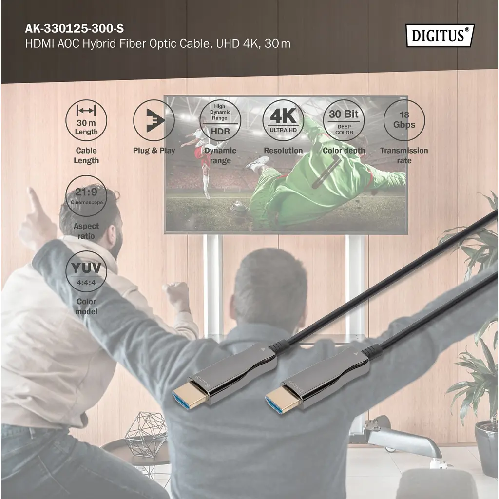 Кабель мультимедійний HDMI M to HDMI M 30m 4K AOC hybrid-fiber black Digitus (AK-330125-300-S) - фото 7
