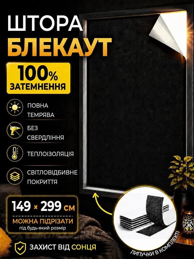 Штора Blackout самоклейна світловідбивна 149 x 299 см чорна (TENT-149x299BL)