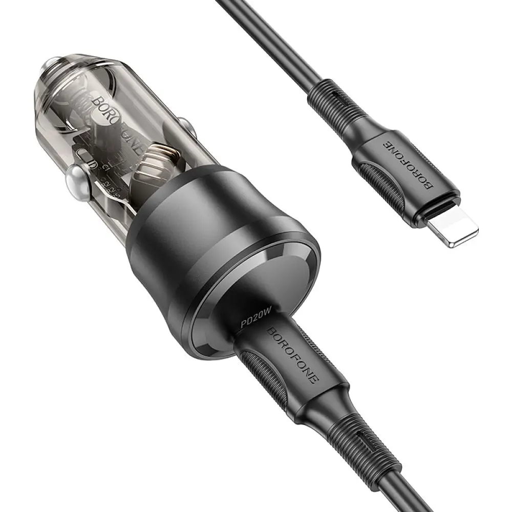 Автомобільний зарядний пристрій Borofone BZ24 Clever single port 1USB-C QC3.0/PD20W Type-C to Lightning Transparent Black (34162_3337969) - фото 4