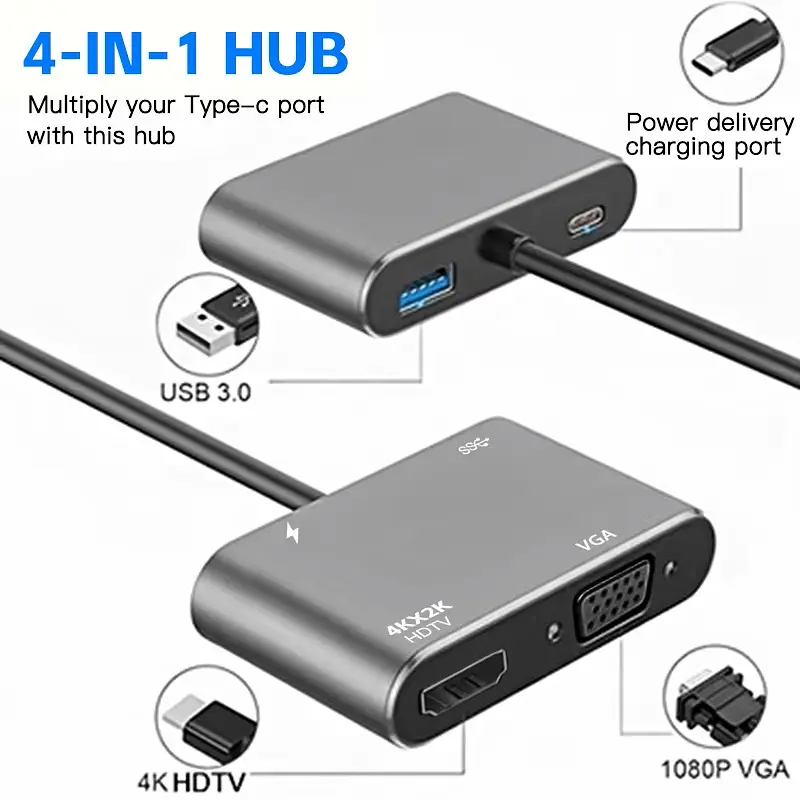 Концентратор Qukam Type-C 4 в 1 адаптер type-c 3.0 до 4K HDMI HDTV VGA USB 3.0 PD розгалужувач швидкої зарядки Серый - фото 3