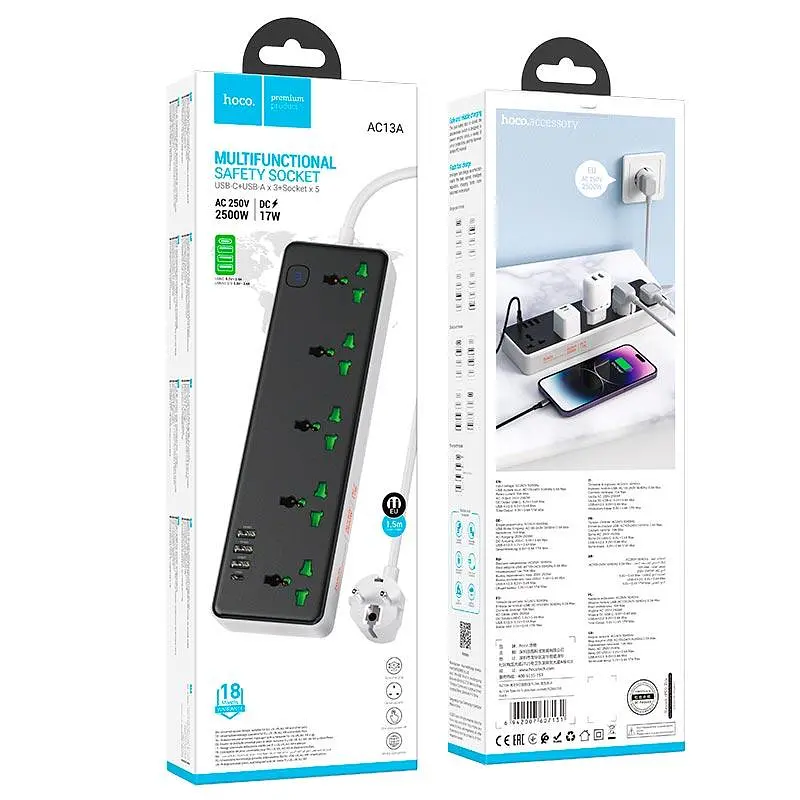 Подовжувач Hoco Talento 5-position socket AC13A 3USB/Type-C, 10A - фото 2