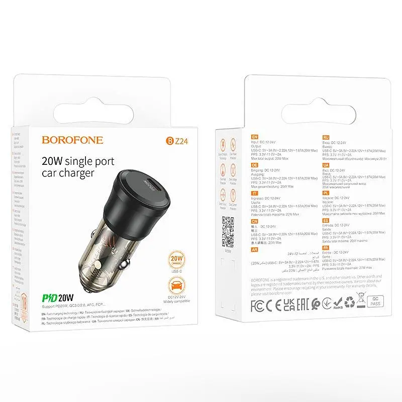 Адаптер автомобільний Borofone Clever single port car charger BZ24 |1Type-C, 20W/3A, PD/QC| - фото 2
