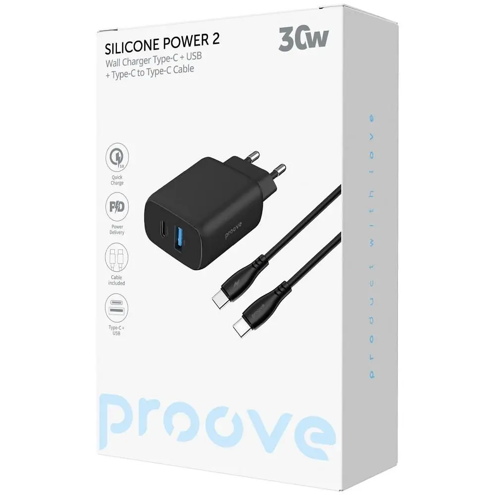Зарядний пристрій Proove Silicone Power 2 30W (Type-C + USB) + Cable Type-C to Type-C (1m) black (WCSP23011001) - фото 2