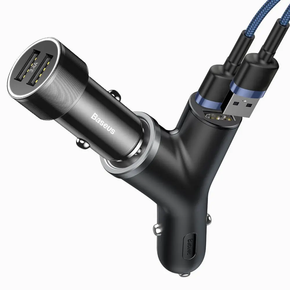 Автомобільний зарядний пристрій Baseus Y type dual USB+cigarette lighter extended car charger чорний