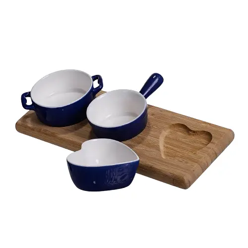 Набор фарфоровых менажниц для закусок 3 (шт) по 50 (мл) меновщицы на бамбуковой подставке Синий Yiwu HZ001-B - фото 4