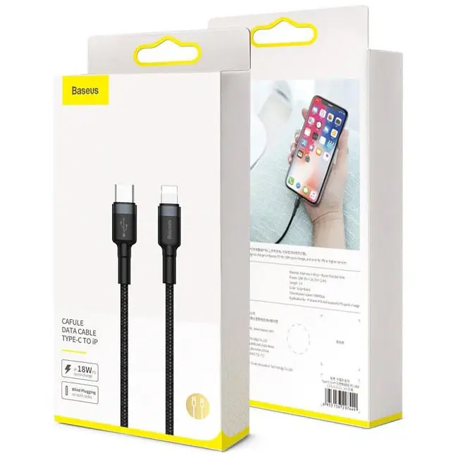 Кабель Baseus Cafule Type-C to Lightning PD 18 W 1 м CATLKLF-G1 Black-Grey (CATLKLF-G1) - фото 10