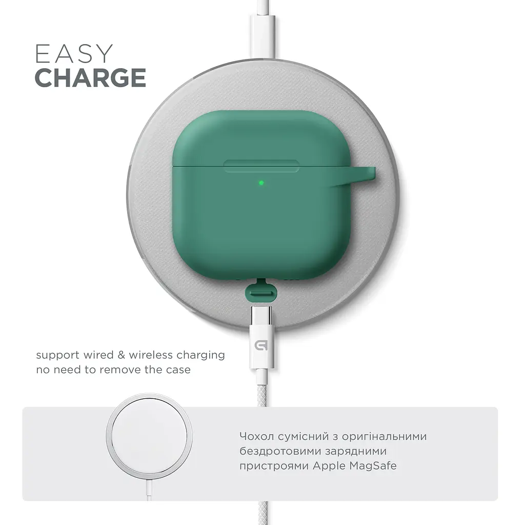 Силіконовий чохол для навушників Apple AirPods 4, Hang Case, зелений, ультратонкий захисний кейс товщиною 2 мм, захист від подряпин, пилу та ударів, компактний, з карабіном для кріплення, ArmorStandart (ARM81289) - фото 7