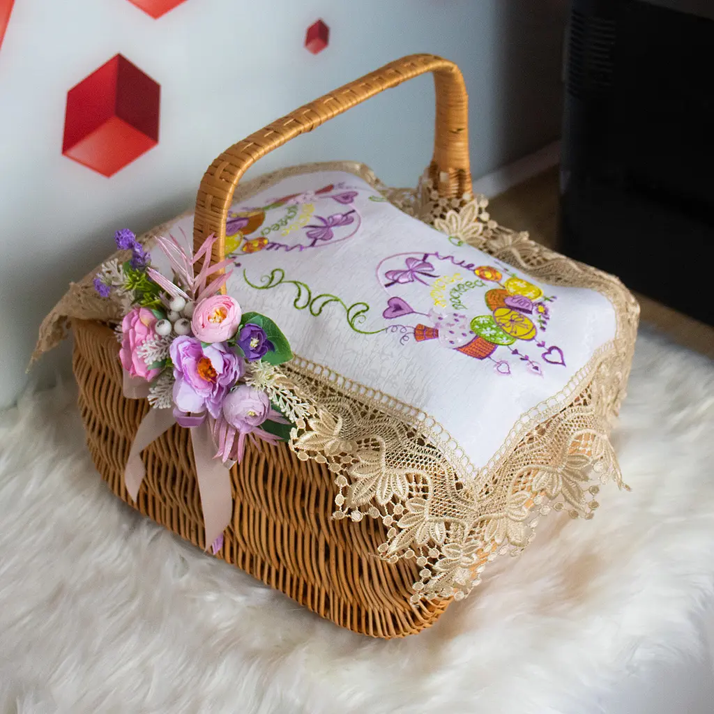 Вишита серветка на пасхальний кошик з ажурним мереживом 40х60 см №30/1, Kitchen Master Коричневий 86070 - фото 3