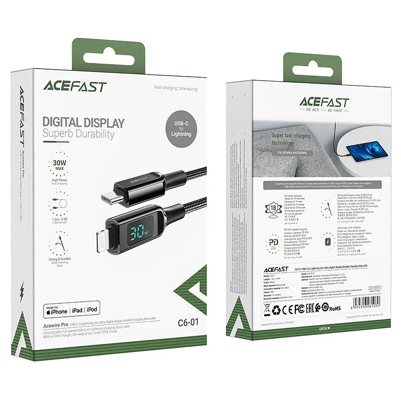 Дата кабель Acefast C6-01 Type-C to Lightning 30W (1.2m) Black - фото 6